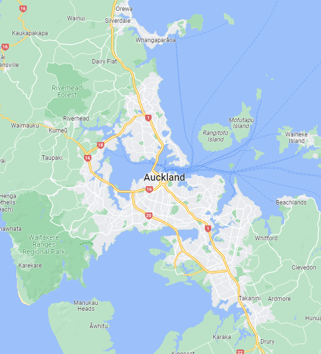 An image of a map of Auckland, New Zealand.