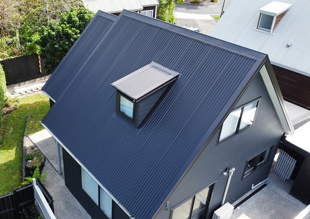 A sloped black long run roof on a residential home.