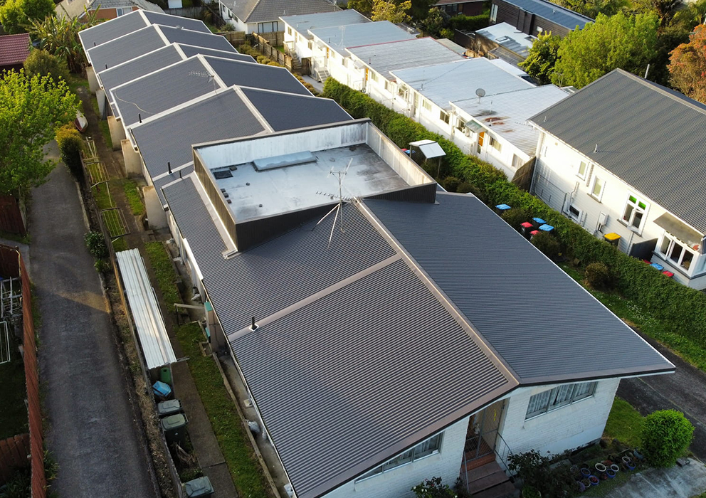 Aerial phot of new roofing on a residential block of units.